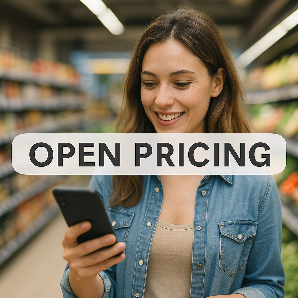 Smiling shopper in a bright supermarket checking a price on her phone